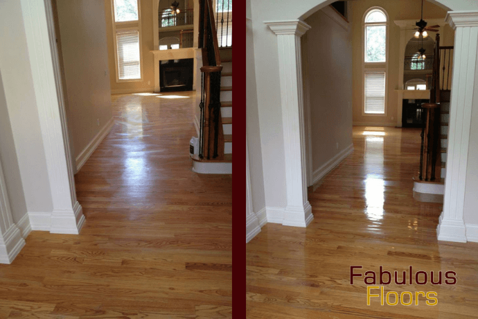 Before and after a hardwood floor resurfacing project in a Dunwoody, GA home