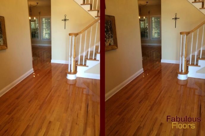 before and after a hardwood floor resurfacing in Brookhaven, GA