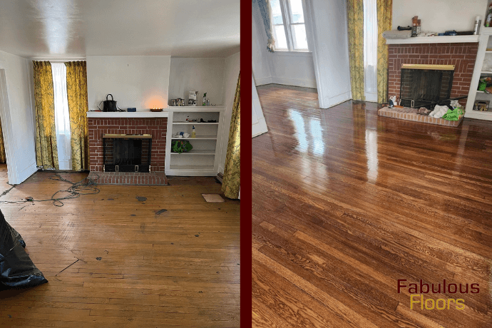 before and after floor refinishing in a living room in panthersville, ga