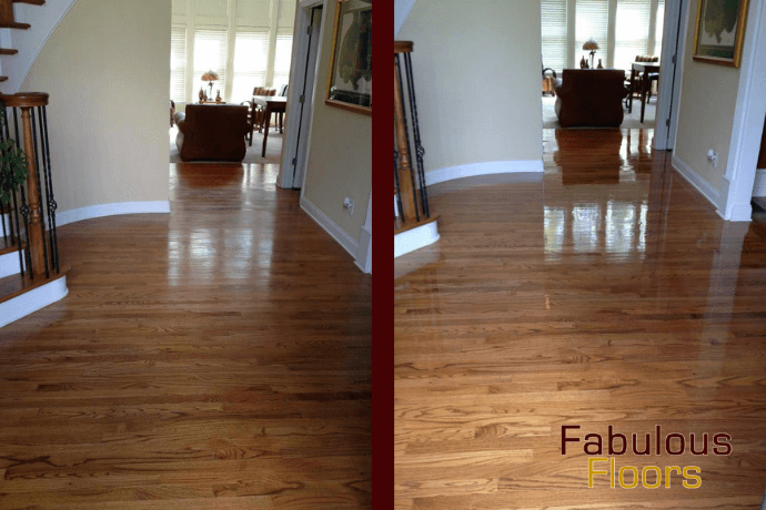 before and after hardwood resurfacing in a peachtree city entry way